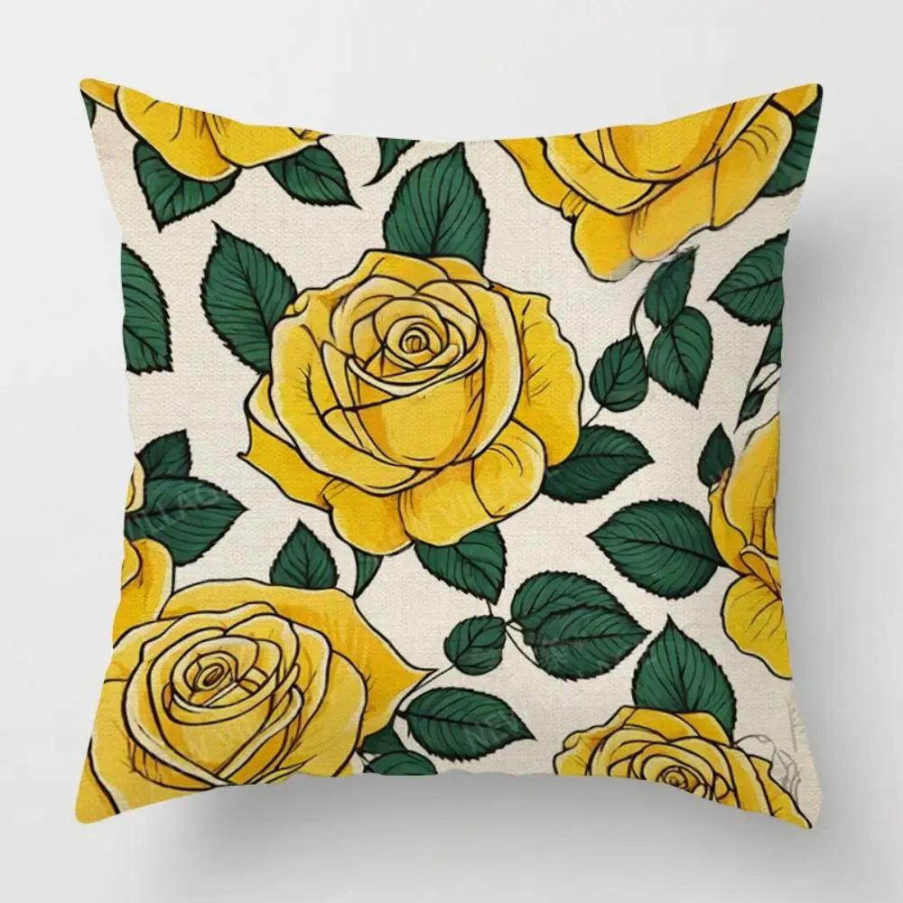 Home Decor Yellow Roses Floral Pattern Pillow Cover Pattern Cushion Cover Suitable For Sofa Bedroom Car Pillow Cover