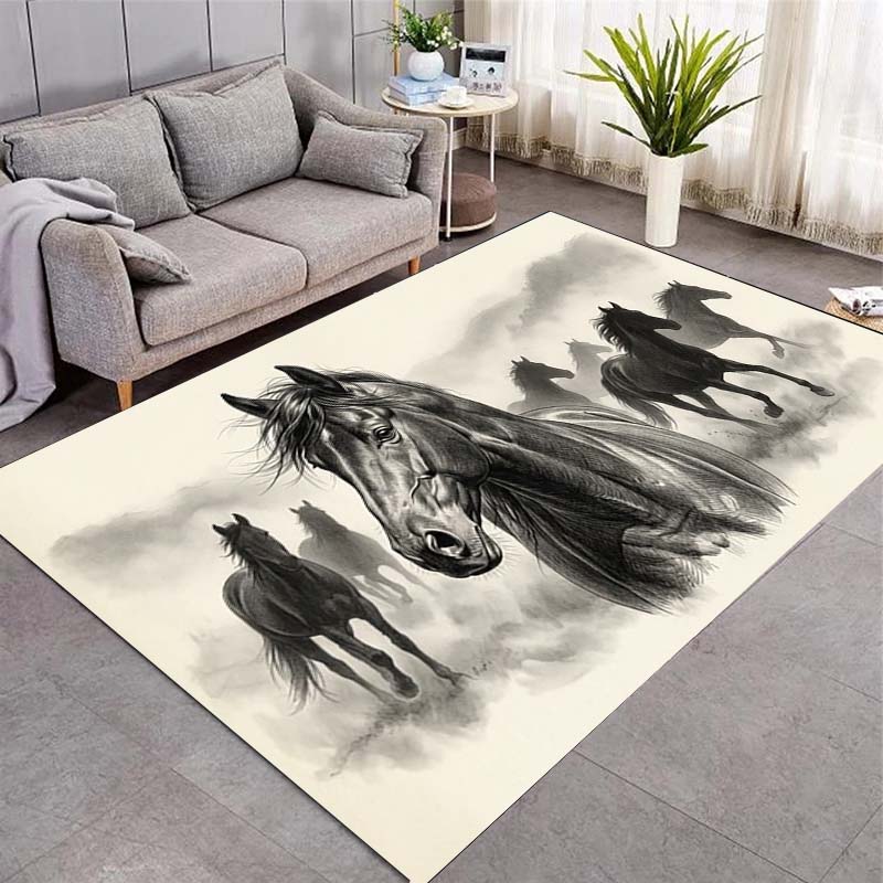 Magical Eight Running Horses Golden Smoke Print Area Rug Wildlife Animal Non‑Slip Rectangular Floor Mat Horse Lover Bedroom Home Decor Rug