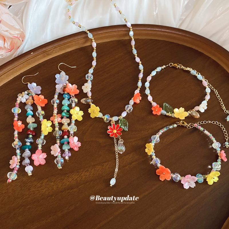 Summer Limited~ Crystal Stone Beaded Resin Flower Bracelet Necklace Ear Hook Set Dopamine Sweet Jewelry