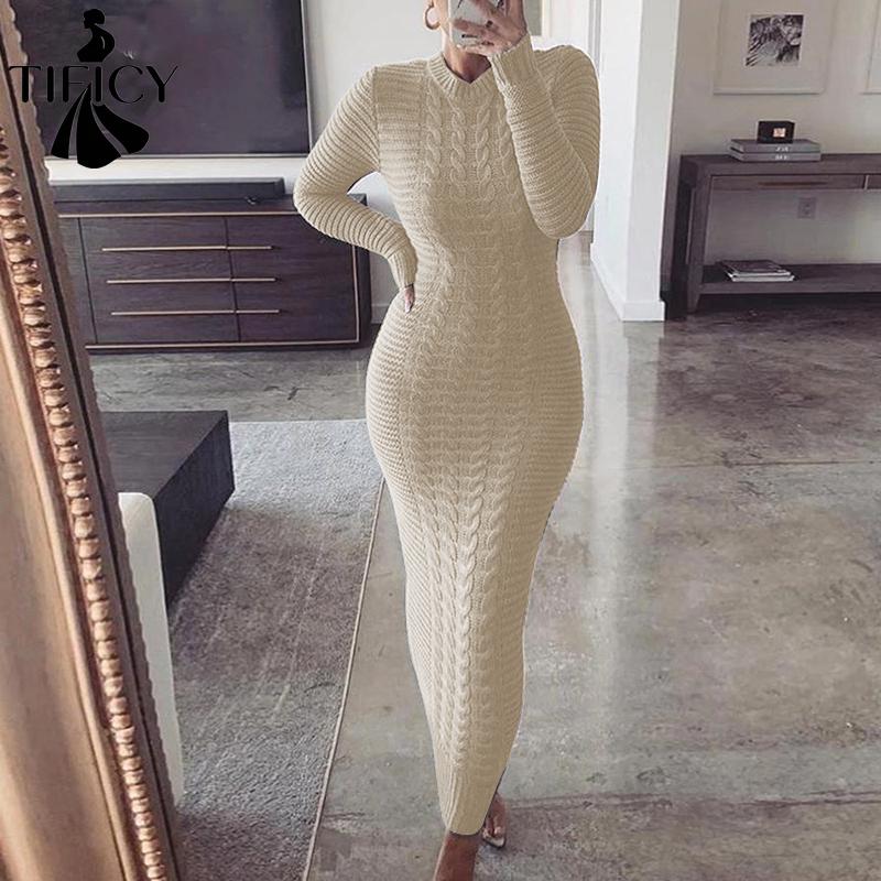 TIFICY Women's Fashion Casual Fall Winter Solid Color Print Long Sleeve O-Neck Woolen Knitwear Middle Waistline Casual Dresses