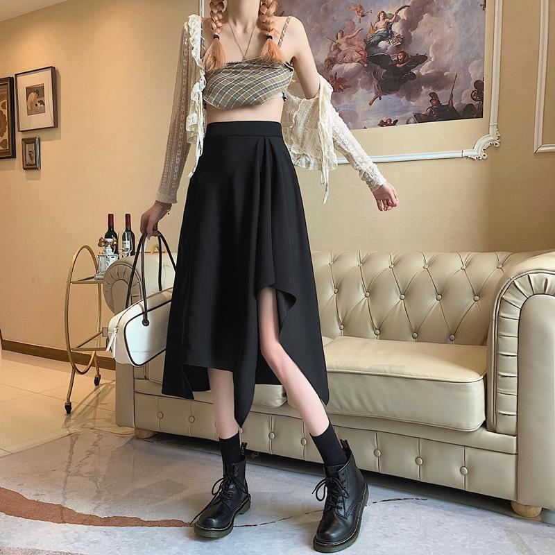 High Waist Irregular A-Line Midi Skirt - Summer Draping Slit for Petite Women