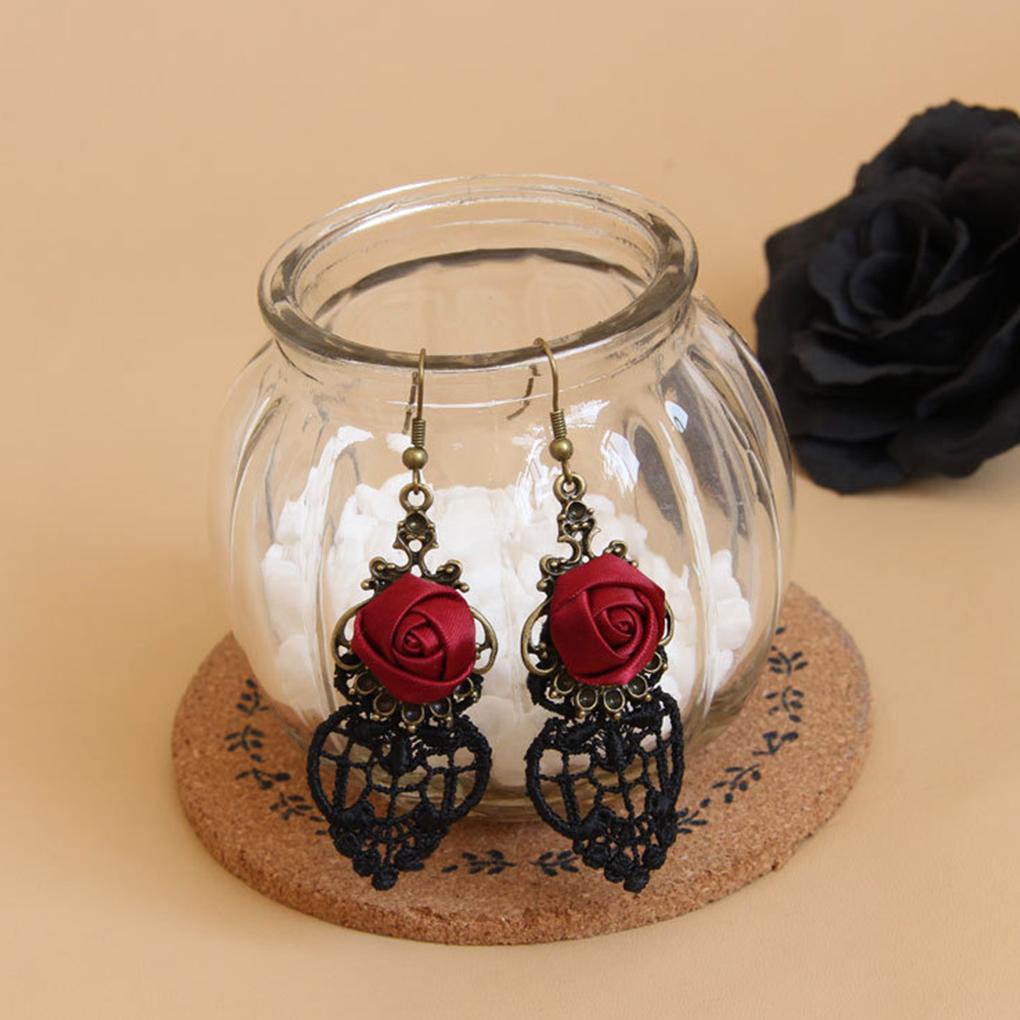Gothic Dangle Earrings Medieval Retro Vampire Silk Red Rose Lace Elegant Party Costume Ball Drop Earrings Women Jewelry