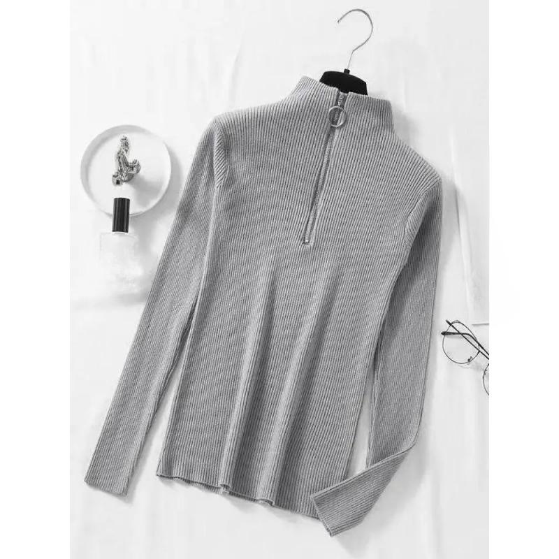 Women Fashion Solid Knitted Sweaters Vintage Long Sleeve Zip-up Basic Half Turtleneck Sweater Female Pullovers Chic Casual Tops