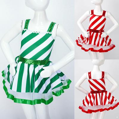 Children Girls Christmas Elf Costume Figure Ice Skating Ballet Dance Sleeveless Shiny Sequins Striped Tutu Dress