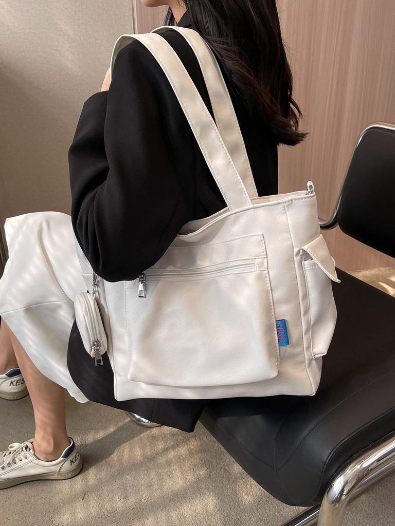 Japanese-Style Canvas Crossbody Bag: Double Pocket, Large Capacity, Women's Tote, Solid Color, Perfect for Students and Commuting.