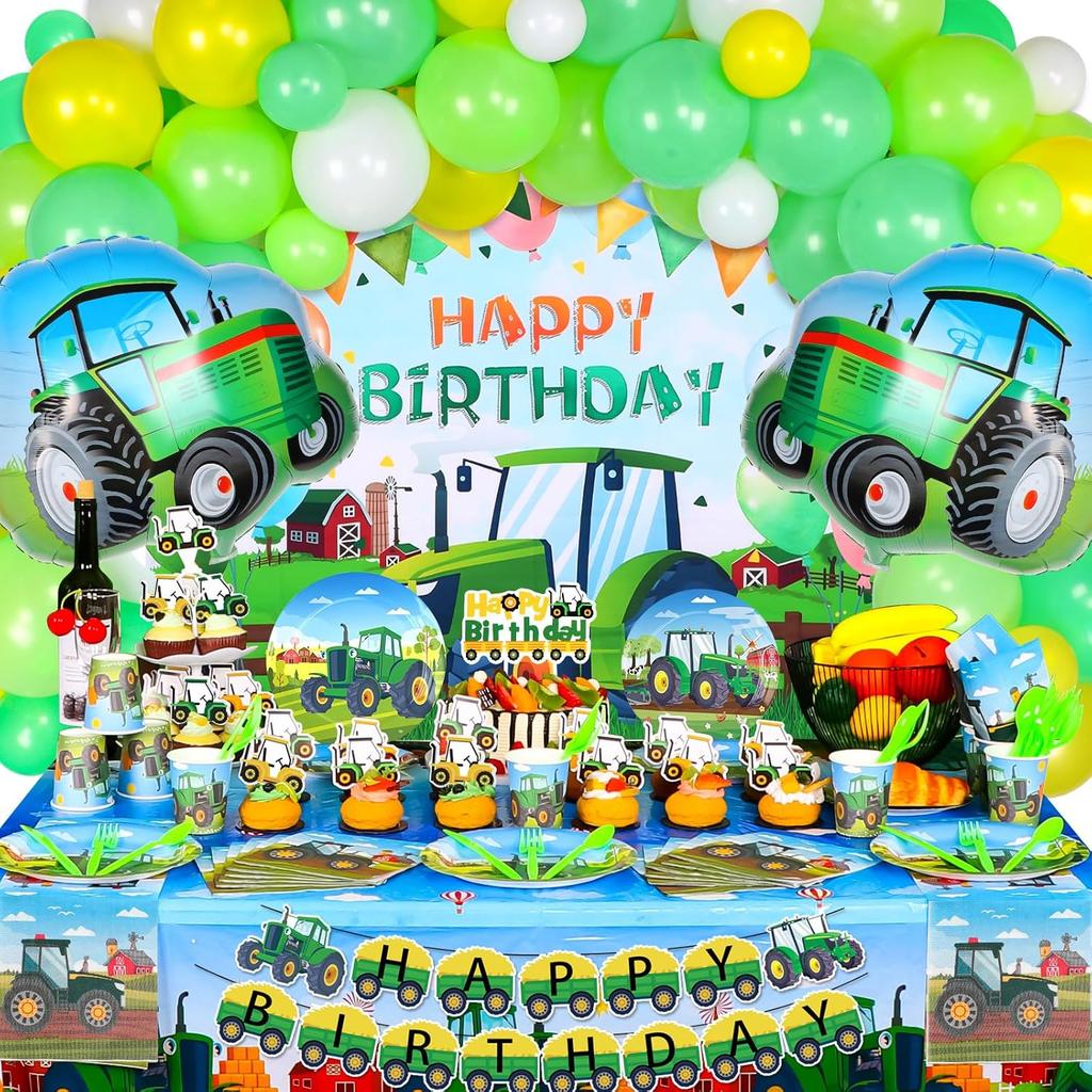 Farm Green Tractor Birthday Party Supplies, Tractor Birthday Decorations with Tractor Balloons, Backdrop, Tablecloth, Banner, Cake Toppers, John