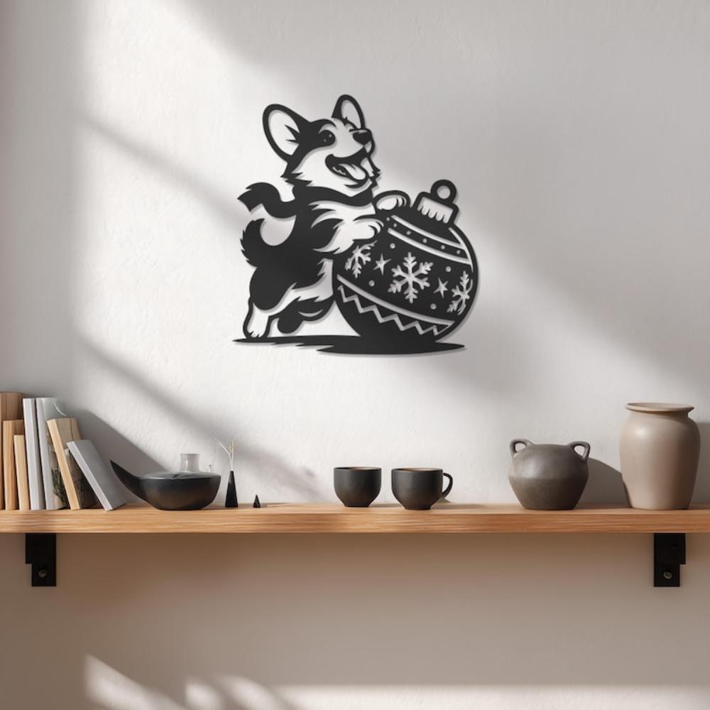 Festive Corgi Metal Wall Art with Ornament Cute Dog Holiday Home Decor Playful Christmas Decoration