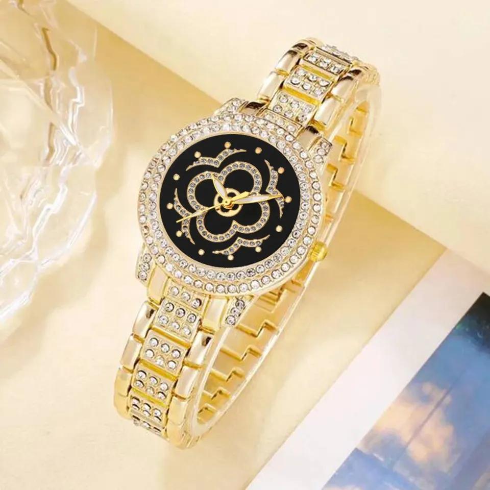 Ladies Fashion Exquisite Diamond Point Dial Full Diamond Steel Band Quartz Watch + Roman Bracelet Combination Set.