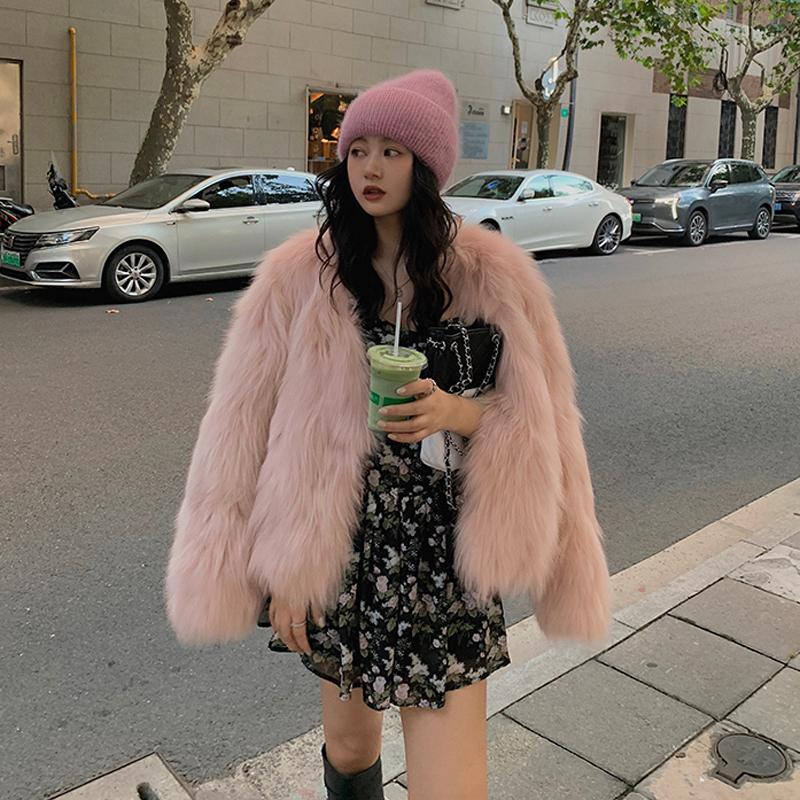 Autumn Long Sleeve Loose Plush Fox Fur Coats Women Fashion Soft Warm Short Winter Jackets Women Tops Solid Elegant Street Loose Lady Jacket Coat 25878