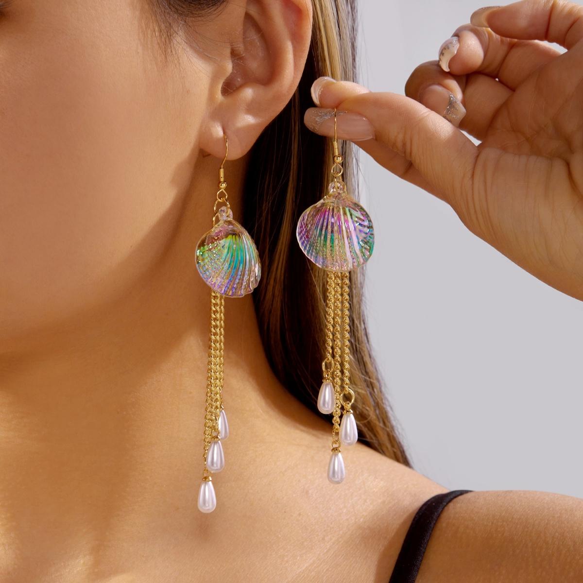 Transparent Acrylic Shell Imitation Pearl Chain Tassel Dangle Earrings For Women Men Summer Flower Petal Drop Earring Zircon