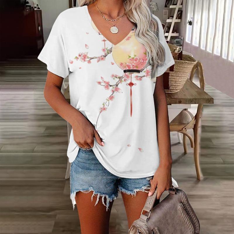 Blumen Damen V-Ausschnitt T-Shirt 3D-gedruckt Retro-Mode Casual bedruckte kurzärmlige Kleidung