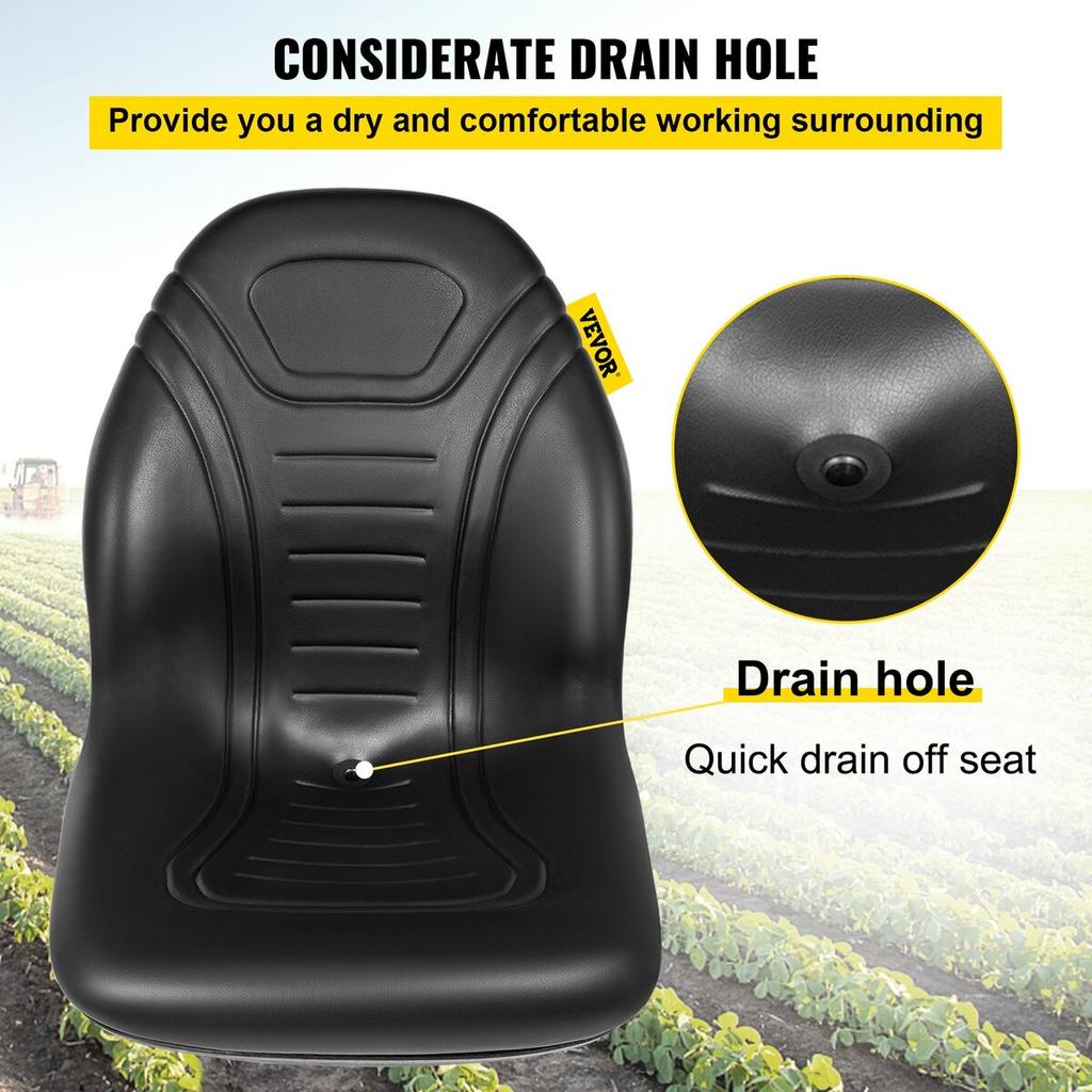Universal Tractor Seat Replacement, Compact High Back Mower Seat Pair, Black Vinyl Forklift Seat, Central Drain Hole Skid Steer Seat with Mounting