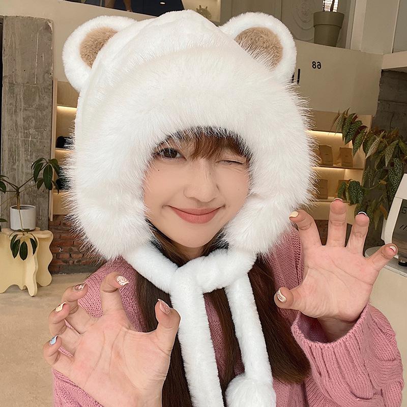 Plush Cute Bear Ear Hat for Women Autumn and Winter Korean Style Warm Ear Protection Hat Thickened Warm Headband Hood