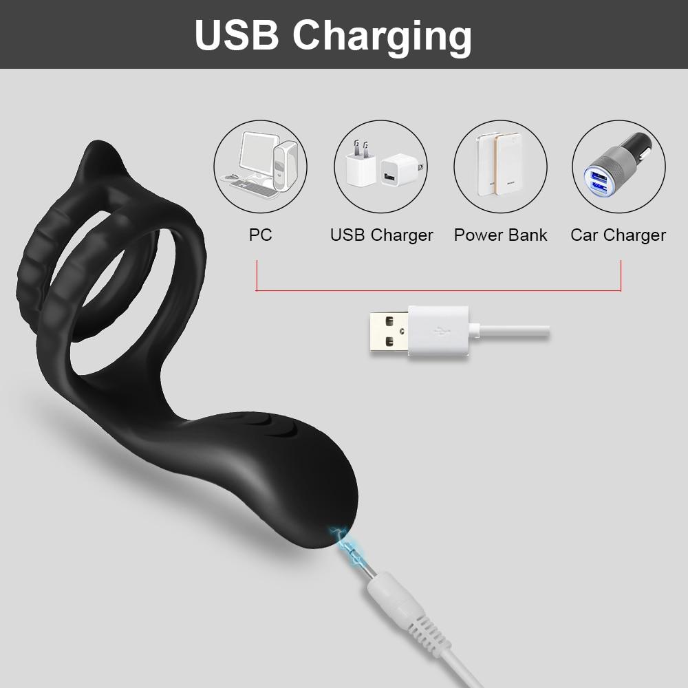 Male Penis Ring Vibrator Slilicone Dual Cock Ring Perineum Stimulator Delay Ejaculation Sex Toys for Men Couples Adult Goods 18