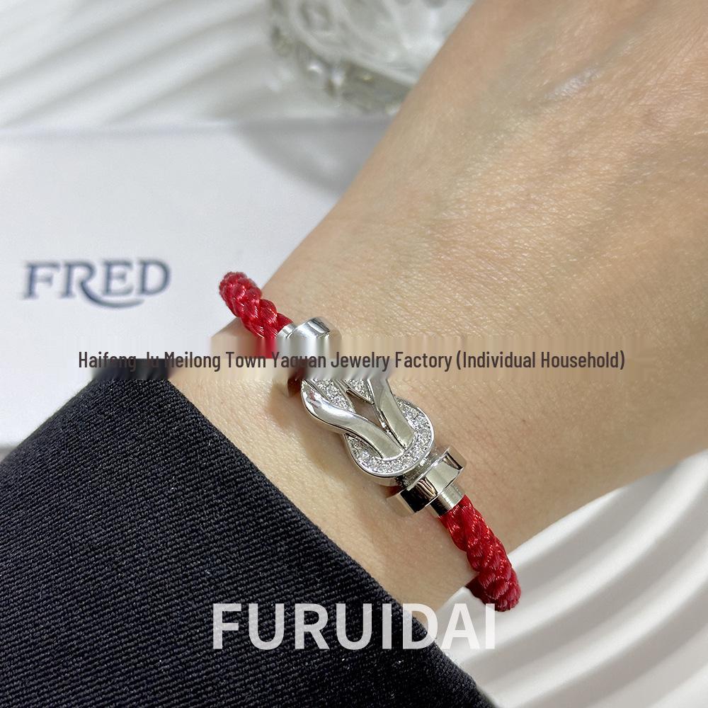 Bracciale Fred Placcato Oro 18k con Ferro di Cavallo Diamantato Zodiaco Corda Rossa - Unisex Stile Fai da Te a Forma di 8