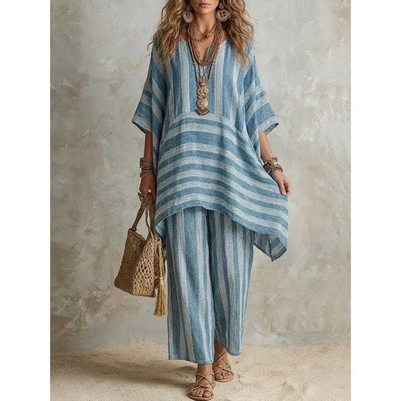 European and American cross-border foreign trade women s wear, Amazon fashionable V-neck loose striped casual two-piece set S синий