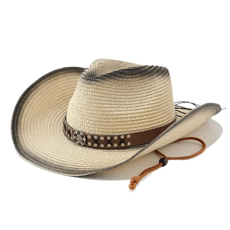 Straw western cowboy hat women's summer seaside sunshade sun protection hat retro casual UV protection straw hat women