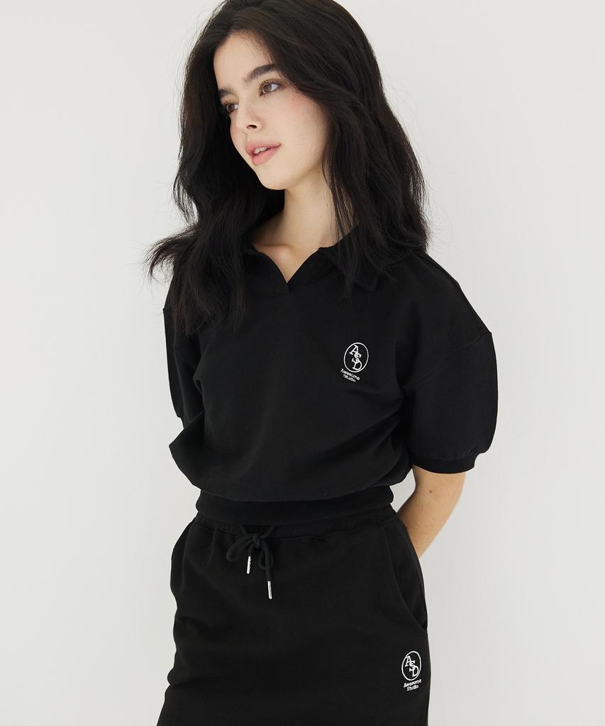 AWESOME STUDIO Collared Crop Short Sleeve Tee Black