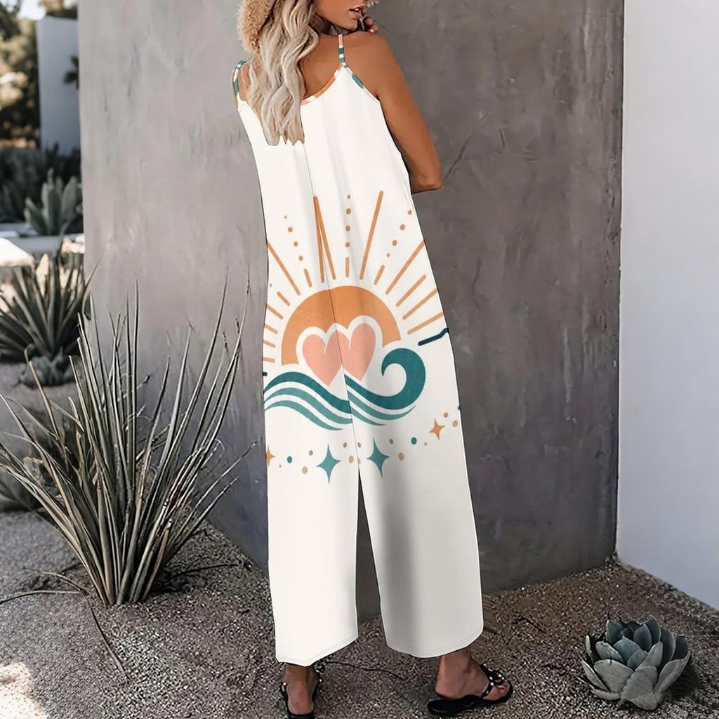 Women Spaghetti Strap Jumpsuit Cartoon Night Moon Cloud Star Print Wide Leg Pants With Pockets