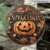 2D Flat - A 2D Vintage Aluminum Welcome Sign Featuring Pumpkin And Autumn Leaf Designs - Perfect for Halloween, Fall Decor, Housewarming Gifts, And