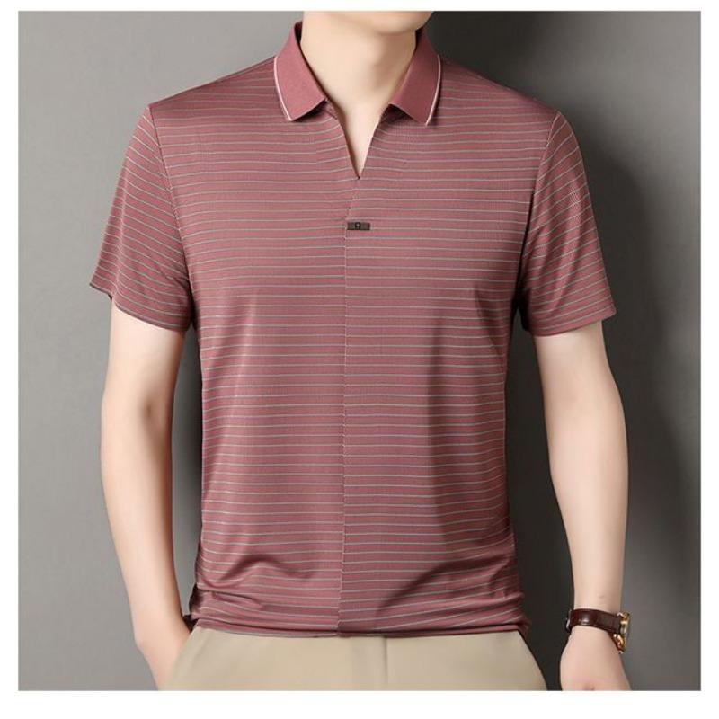 

Men Striped Lapel Casual Business Breathable Short Sleeve Polo Shirt L красный