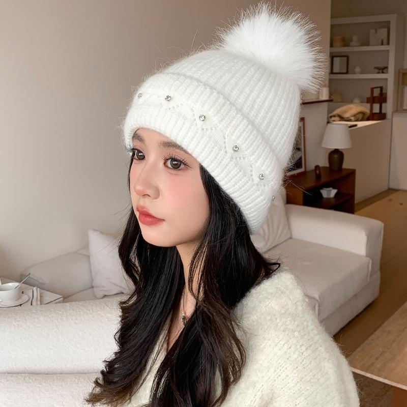 Korean versatile rabbit hair bright diamond knitted wool hat autumn and winter windproof ear protection hat casual big head circumference bag head hat