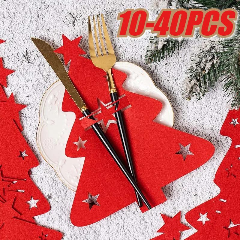 Xmas Tree Cutlery Bag Knife Fork Spoon Felt Holder Bags New Year Christmas Party Tableware Decor Festival Table Ornament