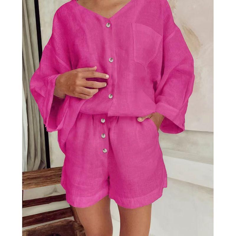 

New Loose-Fitting V-neck Top Shorts Fashion Suit Loose V-neck Top and Shorts Suit Rose Red L