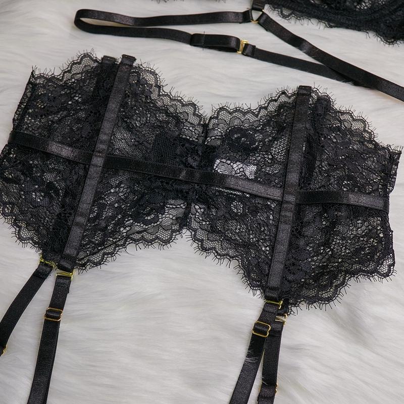 Women's Lingerie Two Piece Sets Women Lace Bra and Panty Set Solid Color Lace Up  Lingerie Set Party Underwear