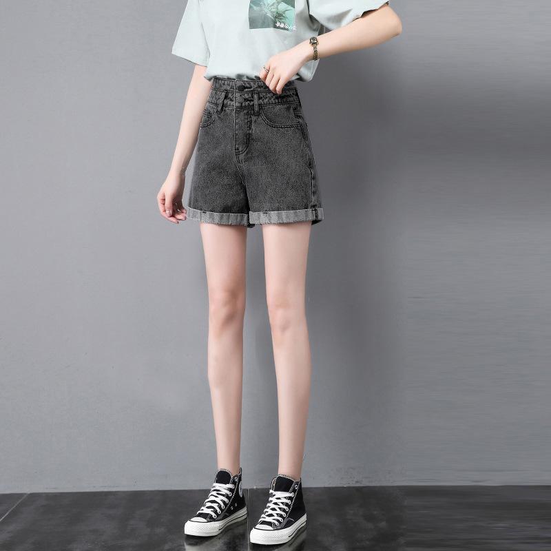 Women's High-Waist A-Line Denim Shorts - Summer Thin Style, Double Button, Loose Fit, Rolled Hem, Versatile & Slimming.