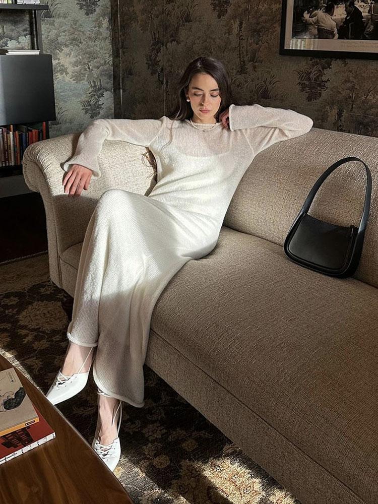 Jaro Podzim O-Výstřih Elastické Pletené Dlouhé Šaty Ženy Elegantní Šik Měkké Dámské Vykrojené Svetrové Šaty Femme Nové