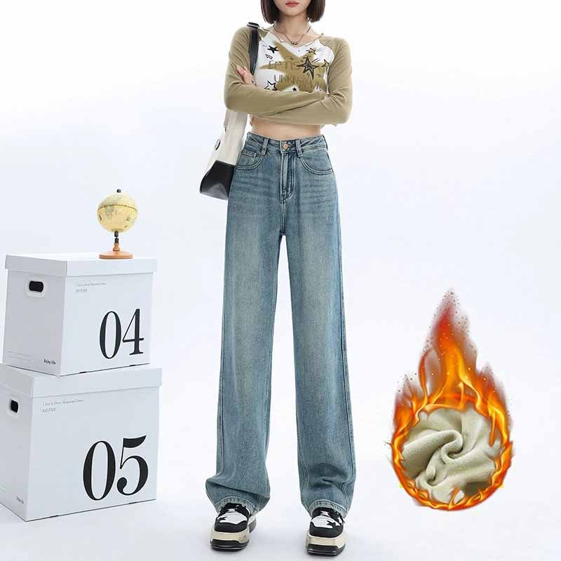 Winter Thick Women's Fleece Straight Jeans Casual Comfortable Soft Velvet Slim Pants Vintage Wide Plush Denim Trousers