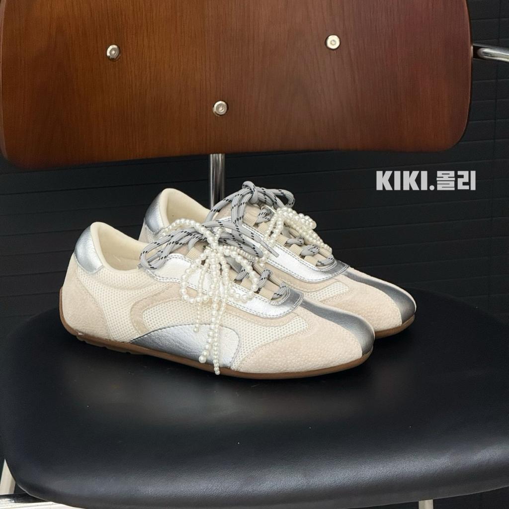 Leather double color ribbon inner height increase German training shoes women's 2025 spring soft sole beaded bow mesh Forrest Gump casual shoes