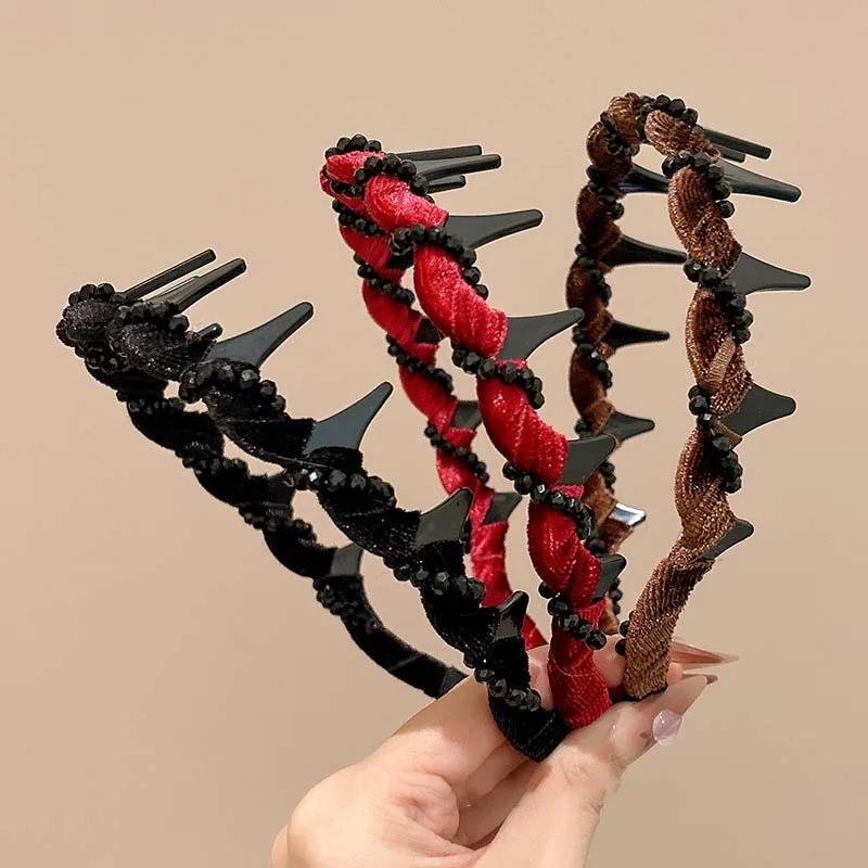 Vintage Black Velvet Crystal Wave Top Hairband For Women Girls Fashion Sweet Anti-Slip Toothed Hairband Hair Accessories