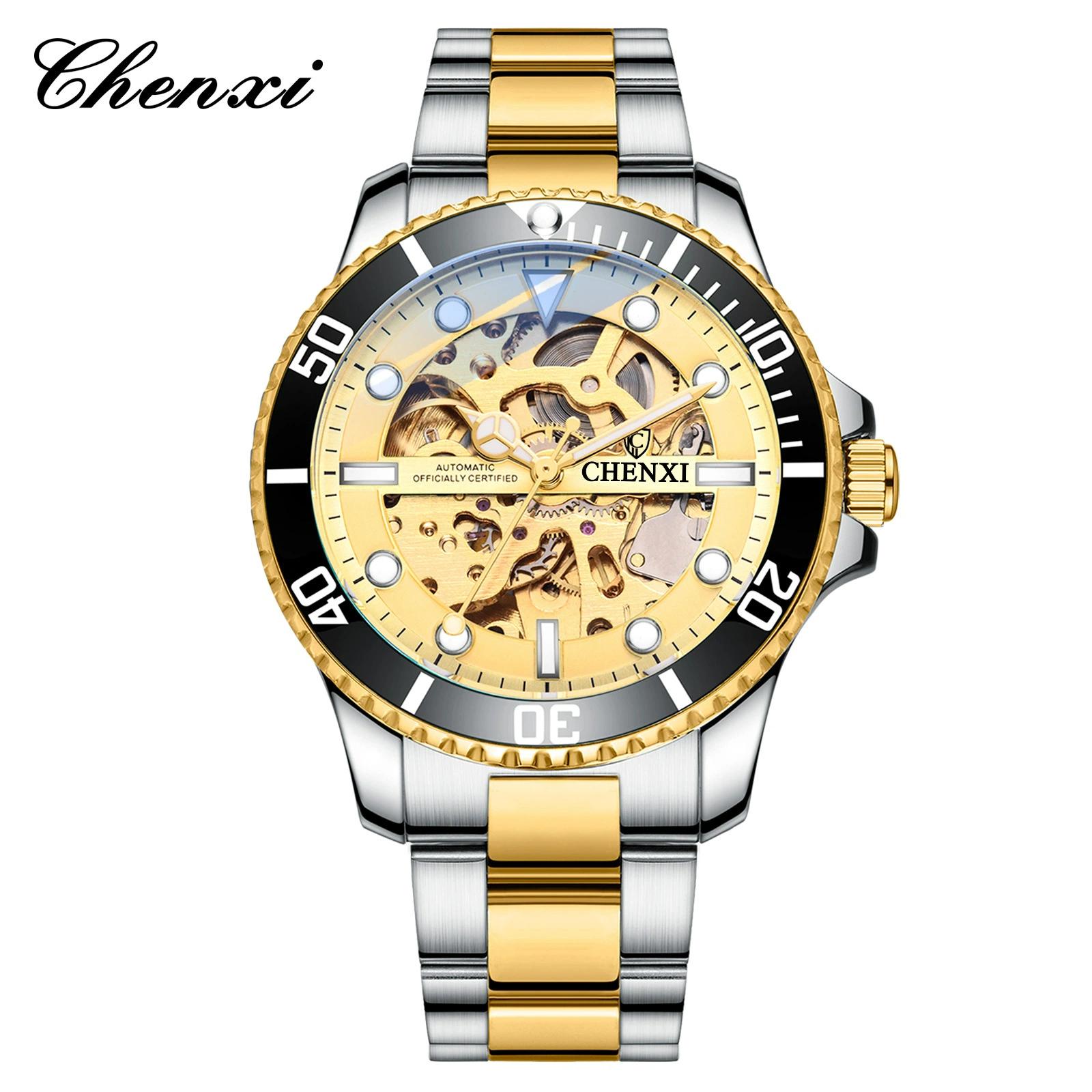 

CHENXI Классические часы Мужские Уникальный циферблат Зеленые часы Роскошные Золотые Скелетон Автоматические Механические Наручные часы Мужские Модные часы золотой