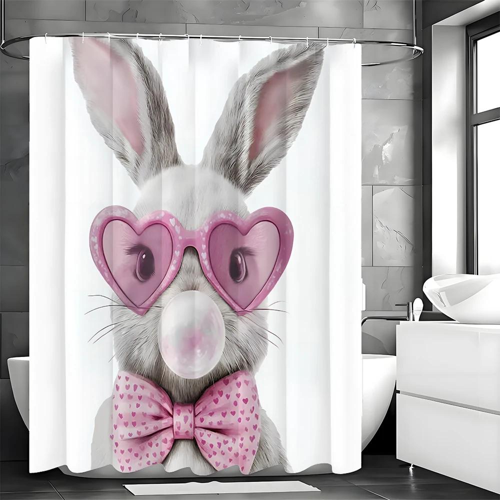 Cute Bunny Cool Shower Curtain, Pink Eyes Bubble Bow Bathroom Decorative Shower Curtain, Waterproof Shower Curtain With Hooks