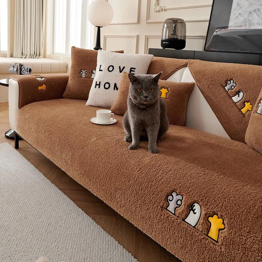 Winter Thicken Sofa Towel Solid Color Lamb Wool Plush Sofa Cushion Corner Soft Slipcovers For Living Room Decor Couch Cover