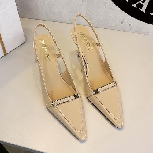 European Style Banquet Pointed Toe Stiletto Heels Patent Leather Metal Buckle Open Back Strap Vulcanized Shoes for Women