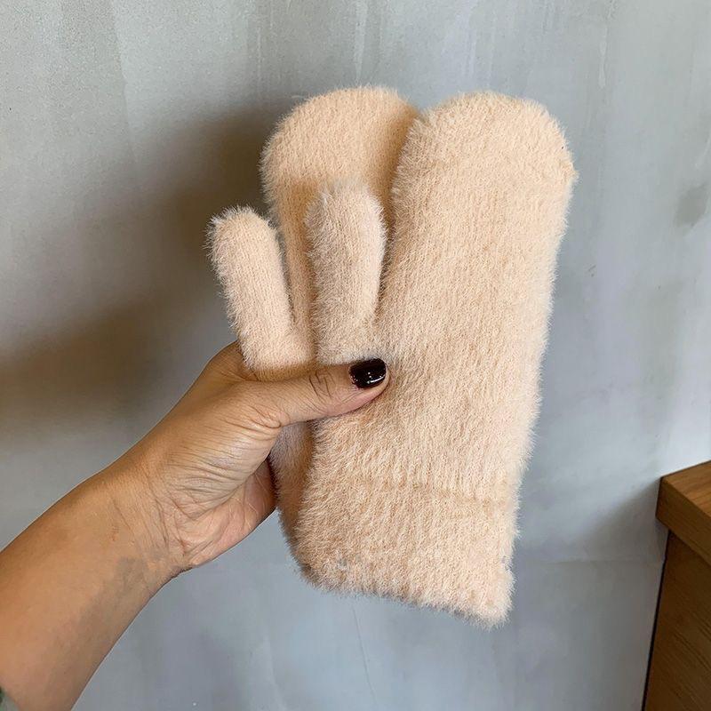 Femme Hiver Garder au Chaud Plus Cachemire Épaissir Polaire Vison Solide Mignon Adorable Extérieur Coupe-vent Cyclisme Mitaines Gants Doigts Entiers
