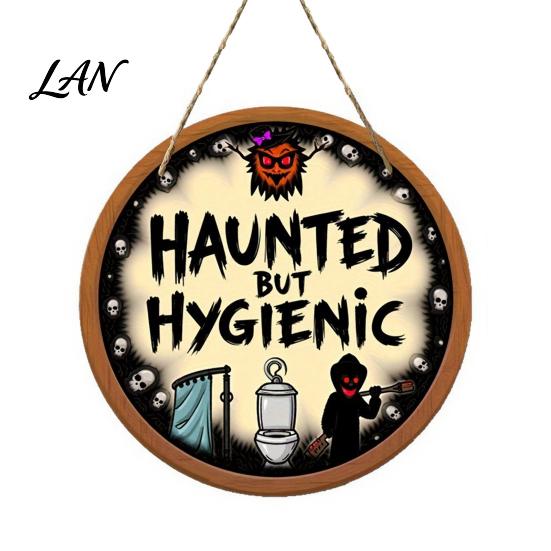 Unique Bathroom Wall Art Halloween Hanging Ornaments, Creative Ghost Wooden Decorative Plaque Sign, Sign for Restroom Wood Door A