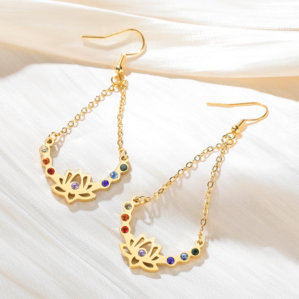 Dawapara Chakras Lotus Flower Dangle Earrings Stainless Steel Women Earrings Colorful Zircon Boho Yoga Spiritual Jewelry