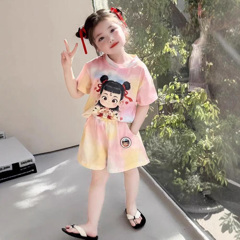 Baby Girl Summer Tie Dye Nezha Cartoon Short Sleeve Top and Long Pants Set