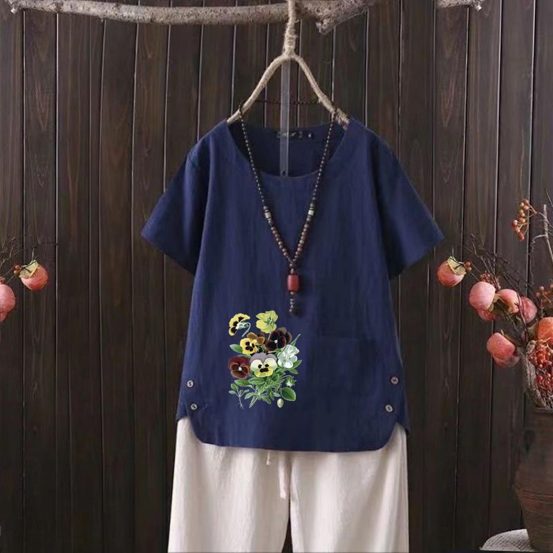 

Женская мода с цветочным принтом, летняя повседневная свободная футболка с коротким рукавом, летняя блузка, топы 4XL темно-синий