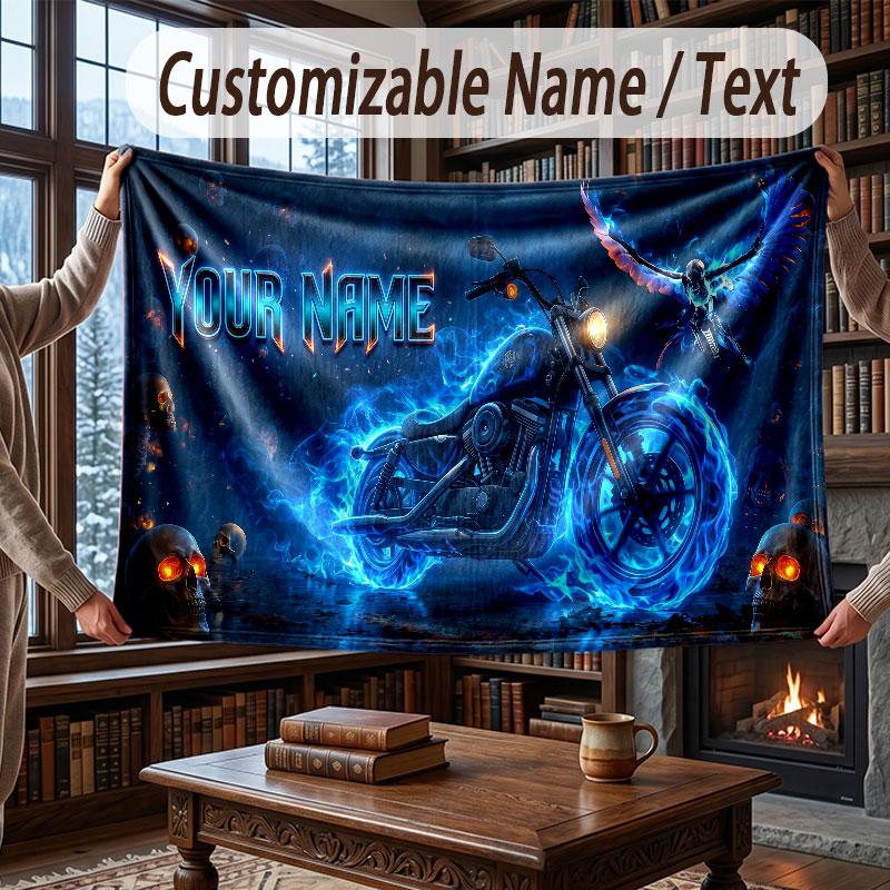 Motorcycle Theme Throw Blanket Custom Name Text Personalized Blanket Soft Cozy Blanket for Home Sofa Bed