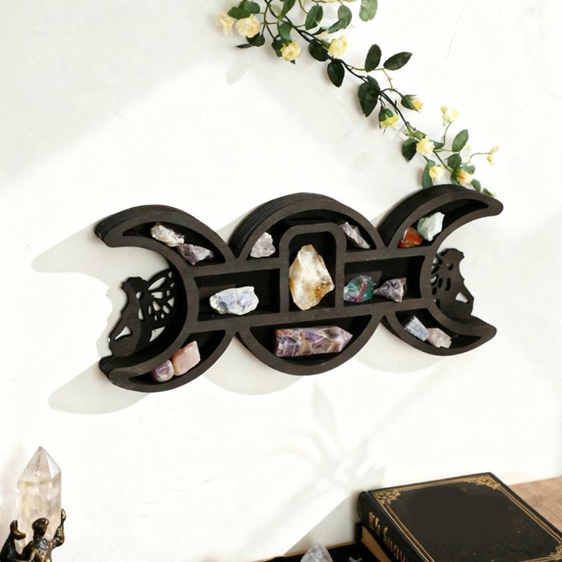 Black Fairies Moon Design Wooden Wall Crystal Display Hanging Shelf With Multi Compartments For Artistic Storage Solution