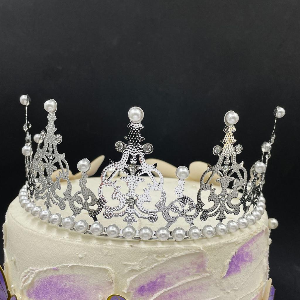 1Pc Pearl Crown Half Crown Cake Decoration Crown Flower Ornaments Children's Hair Ornaments Korean Iron Sheet Pearl Crown