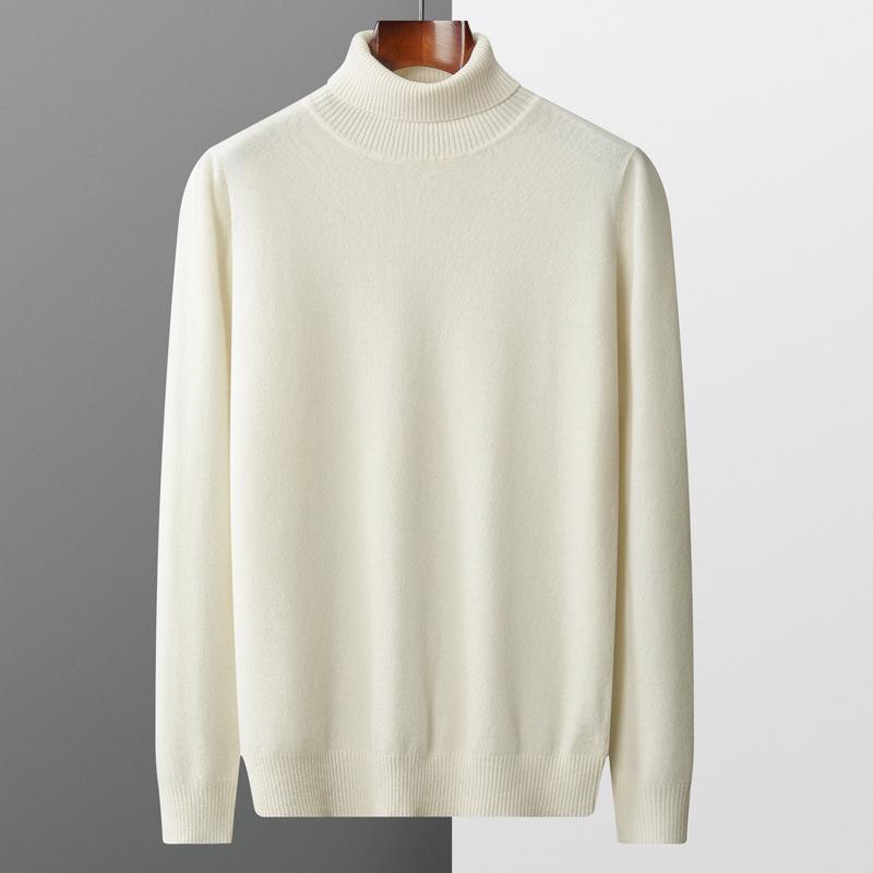 

Men s High-Neck White Pure Wool Sweater - Fashionable Solid Color Knitwear XL 150-180 jin