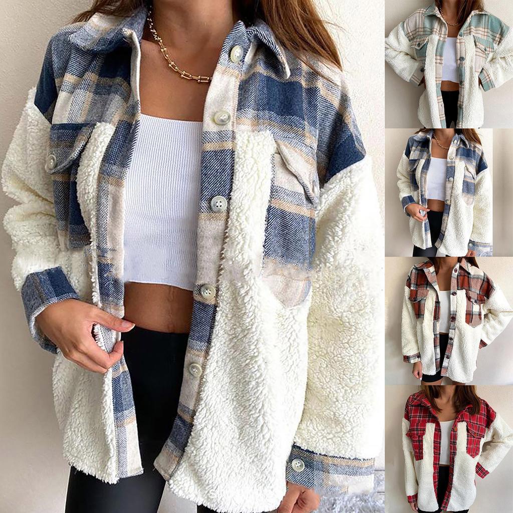 Women Winter Casual Fashion Classic Long Sleeve Lamb Wool Coat Plaid Coat