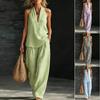 Women Linen V Neck Sleeveless Top and Wide Leg Pants Set Casual Loose Fit Striped Two Piece Outfit for Daily Wear