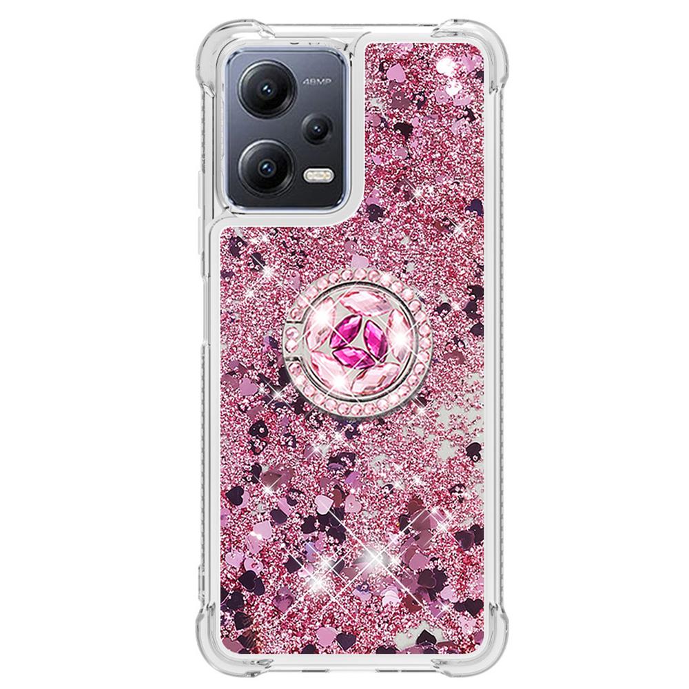 

For Xiaomi Redmi Note 12 5G (Global)/(India)/(China)/Poco X5 5G TPU Case with Kickstand Quicksand Shockproof Cover Rose Gold/Hearts